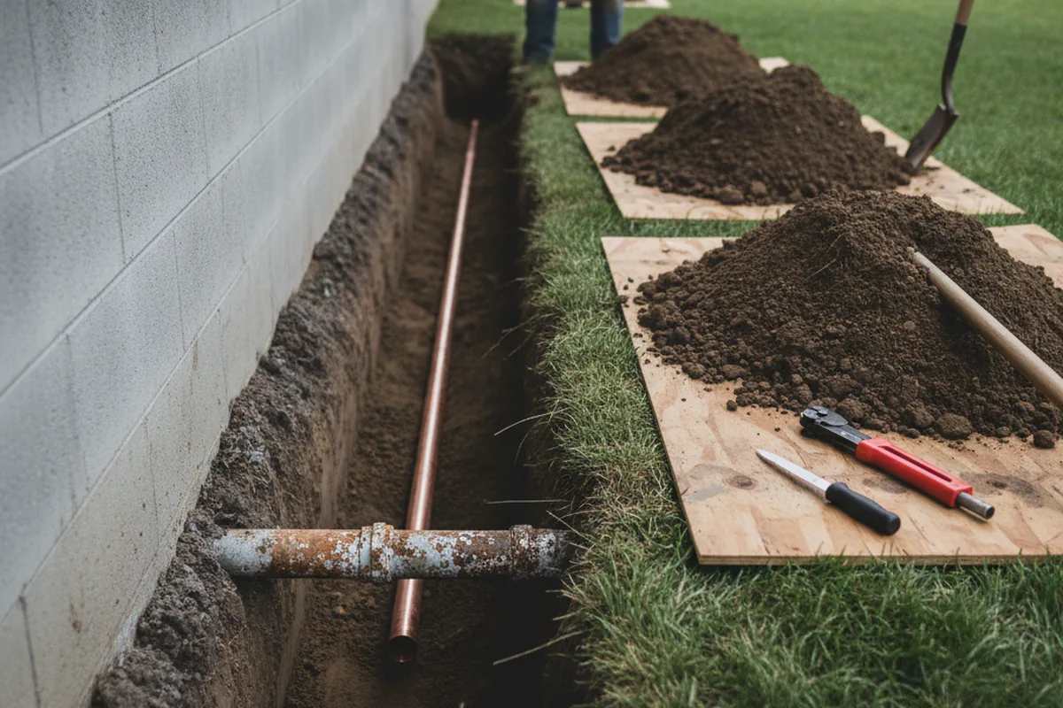 Excavated water line trench during Water Heater Repair in Discovery Bay